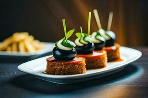 petit assiettes avec nourriture sur leur et puces. généré par ai photo