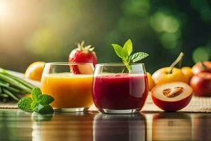 deux des lunettes de jus avec des fruits et des légumes. généré par ai photo