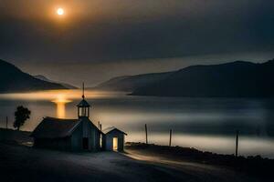 une petit église est assis sur le rive de une lac. généré par ai photo