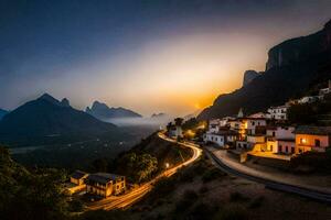 une village à le coucher du soleil dans le montagnes. généré par ai photo