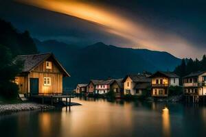 une Lac et Maisons dans le montagnes à nuit. généré par ai photo