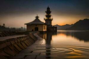 une mosquée est réfléchi dans le l'eau à lever du soleil. généré par ai photo