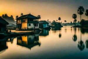 une rivière avec Maisons et paume des arbres à le coucher du soleil. généré par ai photo