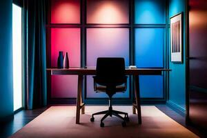 une bureau dans une pièce avec coloré des murs. généré par ai photo