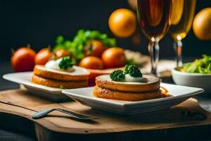 deux assiettes avec nourriture et du vin sur une Coupe planche. généré par ai photo