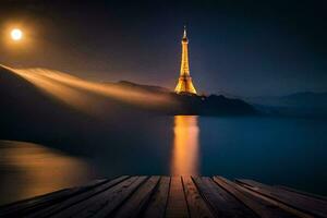 le Eiffel la tour à nuit avec une plein lune. généré par ai photo