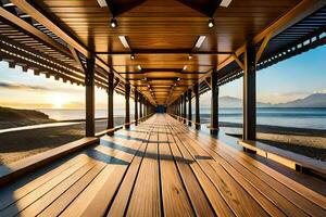 une en bois passerelle pistes à le océan à le coucher du soleil. généré par ai photo