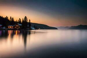 une cabine est assis sur le rive de une Lac à le coucher du soleil. généré par ai photo