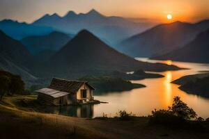 le Soleil monte plus de le montagnes et lac. généré par ai photo