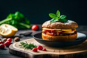 une Hamburger avec des légumes et herbes sur une plaque. généré par ai photo