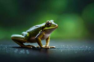 une grenouille séance sur le sol avec une vert Contexte. généré par ai photo