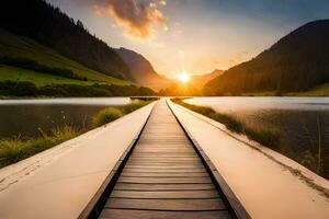 une en bois passerelle pistes à une Lac à le coucher du soleil. généré par ai photo