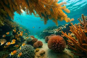 un sous-marin scène avec corail et poisson. généré par ai photo