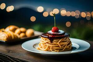 une assiette de spaghetti avec Chocolat et une Cerise sur Haut. généré par ai photo