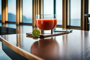 une verre de jus séance sur une table avec une chaux. généré par ai photo