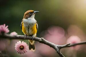 une oiseau est assis sur une branche avec rose fleurs. généré par ai photo