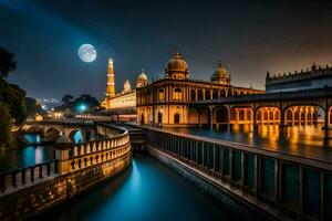 le lune est brillant vivement plus de une mosquée dans Inde. généré par ai photo