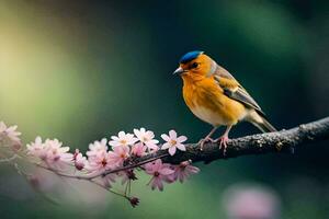 une oiseau est séance sur une branche avec rose fleurs. généré par ai photo