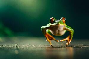 une grenouille avec ses jambes propager en dehors sur le sol. généré par ai photo