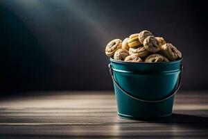 une seau rempli avec biscuits sur une en bois tableau. généré par ai photo