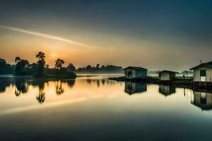 le lever du soleil plus de le lac. généré par ai photo