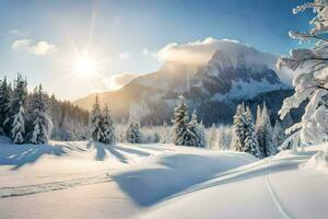 photo fond d'écran le ciel, neige, des arbres, montagnes, soleil, des arbres, des arbres, montagnes,. généré par ai