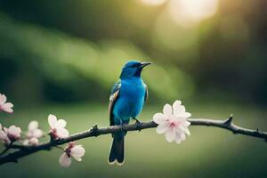 une bleu oiseau est assis sur une branche avec rose fleurs. généré par ai photo