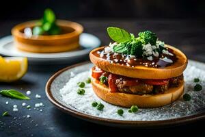 une sandwich avec Viande et des légumes sur une plaque. généré par ai photo