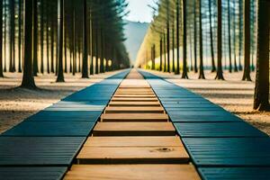 une longue en bois passerelle dans le milieu de une forêt. généré par ai photo