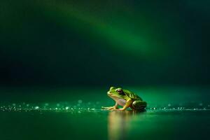 une grenouille séance sur le sol dans de face de une vert lumière. généré par ai photo