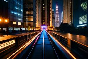 une train Aller par une ville à nuit. généré par ai photo