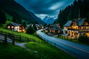 une village dans le montagnes à nuit. généré par ai photo