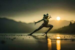 une grenouille est dansant sur le plage à le coucher du soleil. généré par ai photo