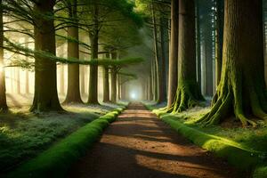 une chemin par une forêt avec des arbres et herbe. généré par ai photo