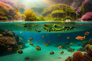 un sous-marin scène avec poisson et corail récifs. généré par ai photo