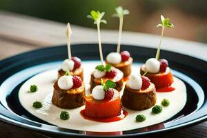 une assiette avec une dessert sur il. généré par ai photo