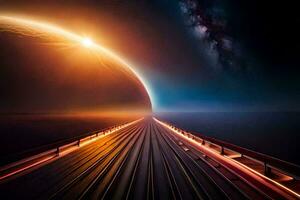 une longue pont avec le Soleil brillant plus de il. généré par ai photo