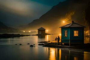 photo fond d'écran le nuit, brouillard, lac, loger, bateau, bateau loger, le maison,. généré par ai