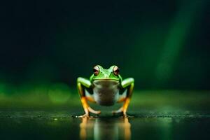 une grenouille séance sur le sol avec une vert Contexte. généré par ai photo