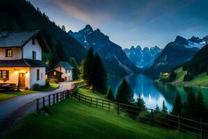 une maison est assis sur le côté de une Montagne surplombant une lac. généré par ai photo