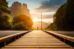 une en bois pont pistes à une Montagne à le coucher du soleil. généré par ai photo