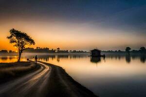 une seul arbre des stands sur le rive de une Lac à lever du soleil. généré par ai photo