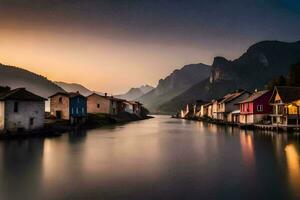 une rivière court par une ville à le coucher du soleil. généré par ai photo