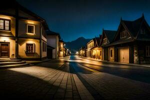 une rue à nuit avec lumières sur. généré par ai photo