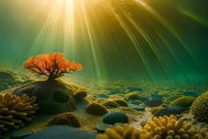 une arbre et corail dans le océan avec lumière du soleil brillant. généré par ai photo