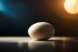 une blanc Oeuf séance sur une table dans de face de une brillant lumière. généré par ai photo