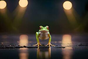 une grenouille est permanent sur une humide surface dans de face de une projecteur. généré par ai photo