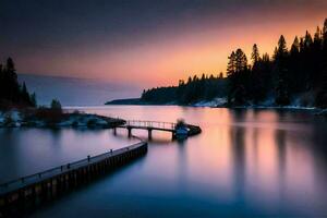 une jetée dans le milieu de une Lac à le coucher du soleil. généré par ai photo