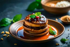 une assiette avec une empiler de Crêpes sur il. généré par ai photo