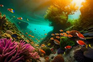 le Soleil brille plus de une corail récif avec poisson et coraux. généré par ai photo